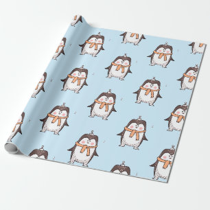 PRESENTE PAPEL DE EMBALAGEM AZUL CLARO PENGUIM FOFO