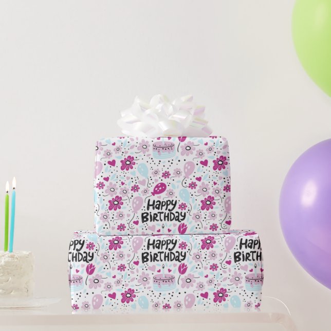 Presente Papel De Embalagem De Aniversário Floral Roxo (Presentes para festas)