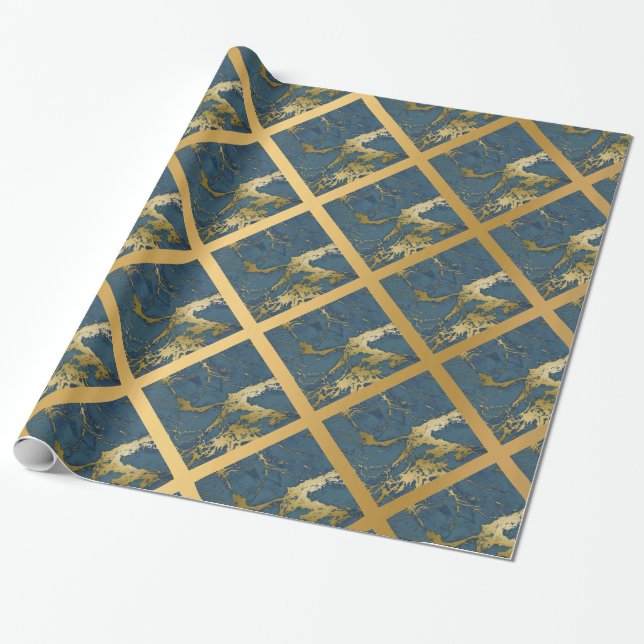 PRESENTE PAPEL DE EMBALAGEM DE MASSA DOURADA COM MASSA AZUL (Desenrolado)