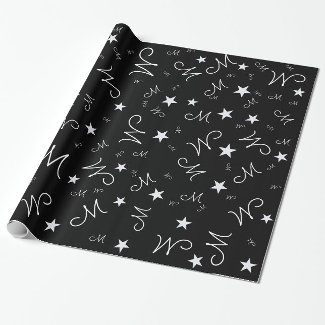 Presente papel de embalagem preto de iniciais e estrelas pe (Desenrolado)