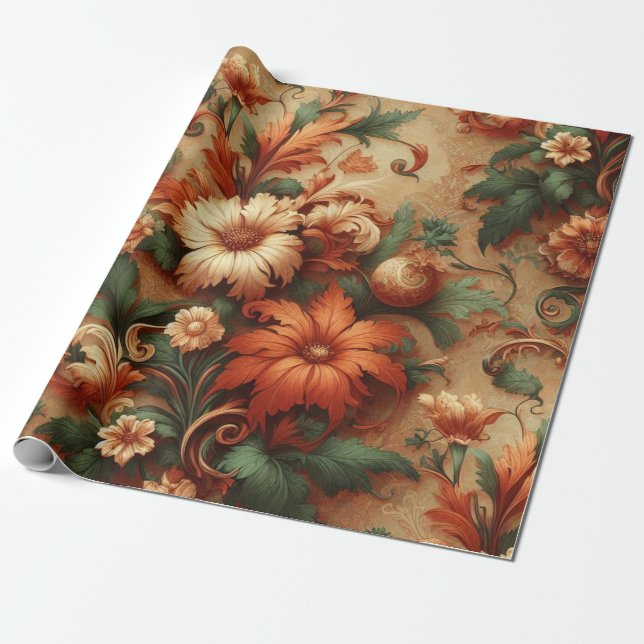 Presente Papel de emblema - Laranja queimada, creme, verde  (Desenrolado)