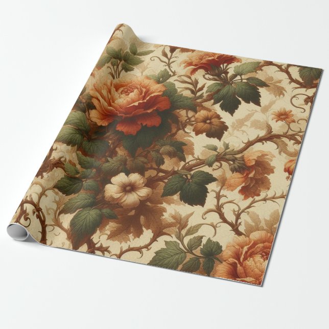Presente Papel de emblema - Laranja queimada, creme, verde  (Desenrolado)