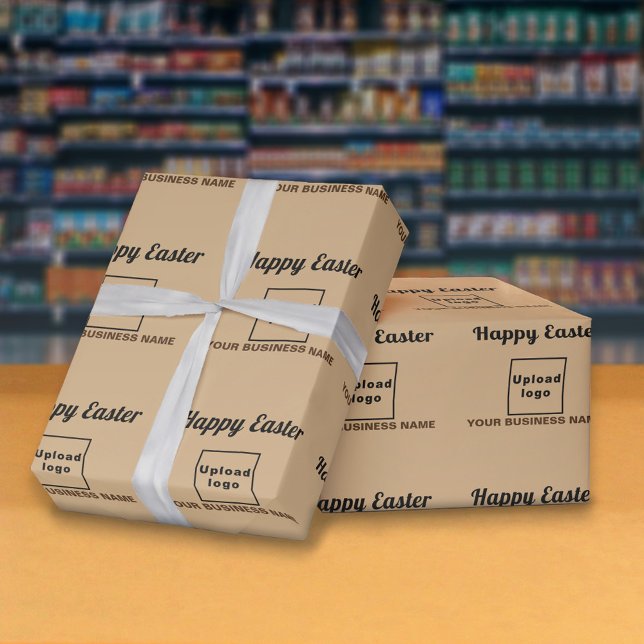 Presente Papel de embreagem comercial de Páscoa castanha cl (Light brown wrapping paper with seamless pattern of Easter greeting, your business name and logo)