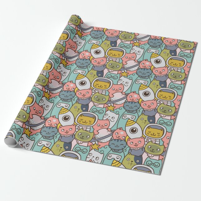 Presente Papel de embrulhamento de gatos espaciais (Desenrolado)