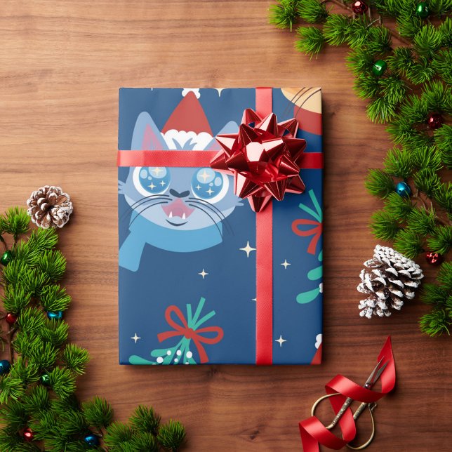 Presente Papel de embrulhamento de gatos natalinos (The cats are in shades of blue and orange, with one wearing a red Santa hat!)