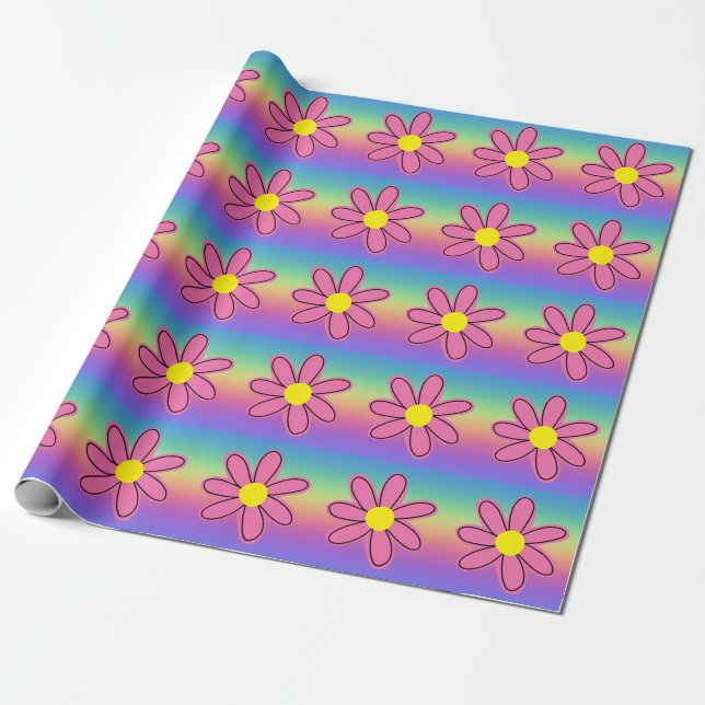 Presente Papel de embrulhamento do arco-íris e flores (Desenrolado)