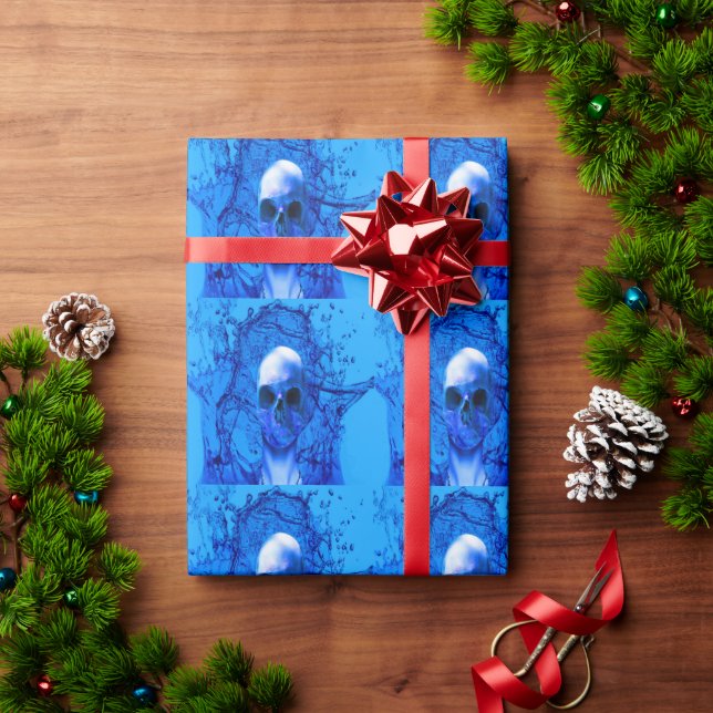 Presente papel de embrulhamento do crânio azul alienígena (Presente de Natal)