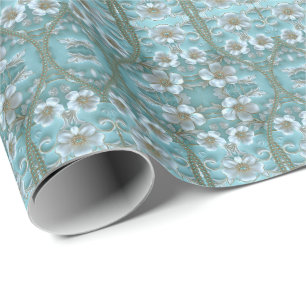 Presente Papel de embrulhamento Floral Branco-Teal
