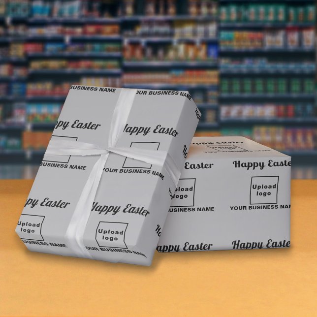 Presente Papel de empacotamento de Páscoas para empresas da (Gray wrapping paper with seamless pattern of Easter greeting, your business name and logo)