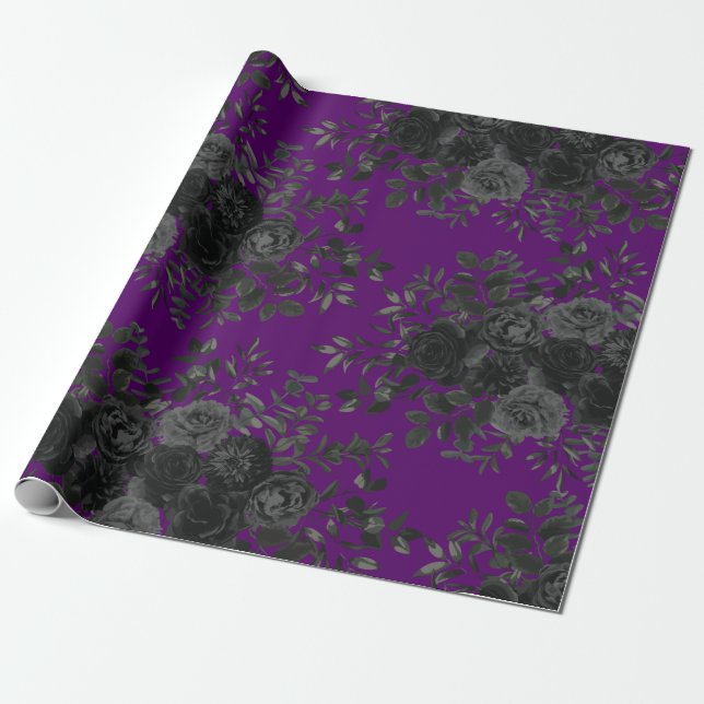Presente Papel de enfeite Rosa gótico púrpura e preto (Desenrolado)