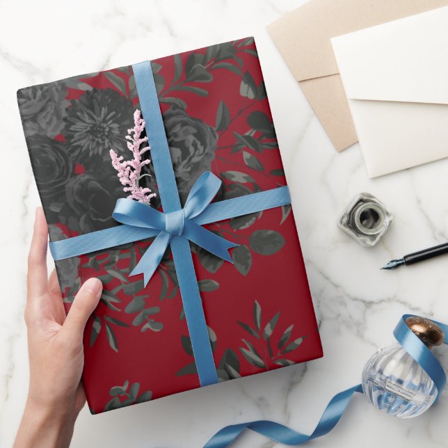Presente Papel de enfeite Rosa gótico vermelho e preto (Presentear)