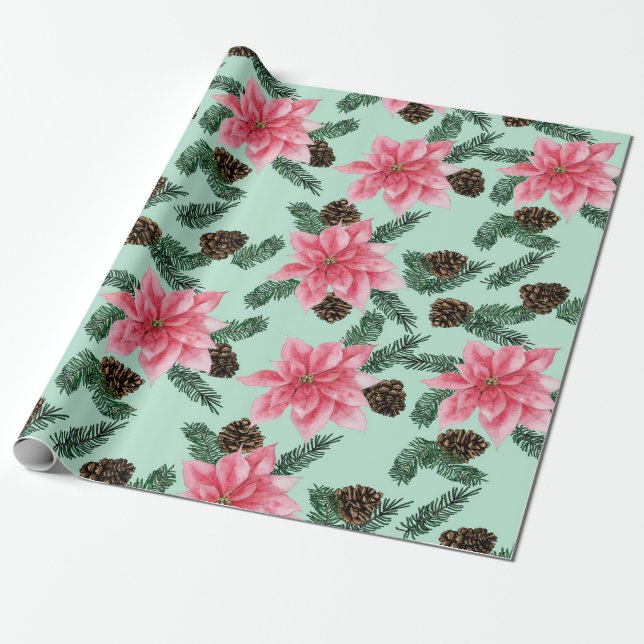 Presente Papel de enrolação Pinecone e Poinsetos Rosa (Desenrolado)
