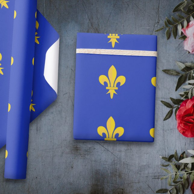 Presente Papel de enrolamento azul real com Fleur de Lis de (Royal Blue Wrapping Paper with gold Fleur de Lis)
