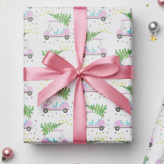 Presente Papel de enrolamento branco da árvore de Natal do  (Fun pink golf cart with a Christmas tree on the roof. )