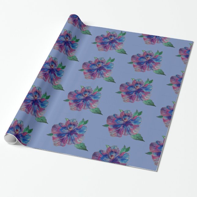 Presente Papel de enrolamento brilhante, Desenho de flor pú (Desenrolado)