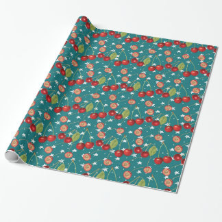 Presente Papel de enrolamento de cereja com fundo azul empo