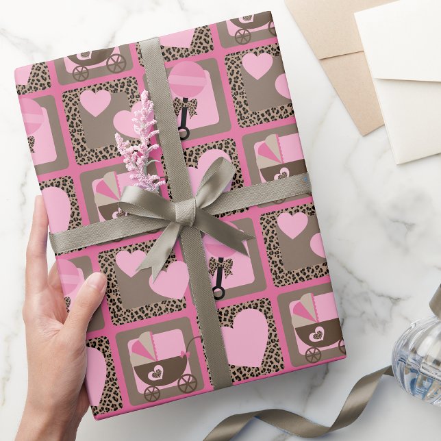 Presente Papel de enrolamento de Chás de fraldas, de cor-de (Baby Girl Leopard and Pink Baby Shower Wrapping Paper)
