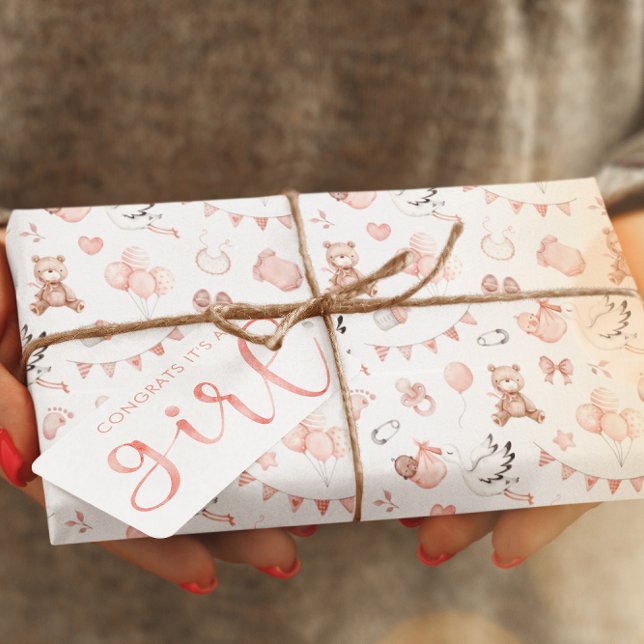 Presente Papel de enrolamento de Chás para bebês (Celebrate a new baby girl with this adorable watercolor bear and stork wrapping paper! )
