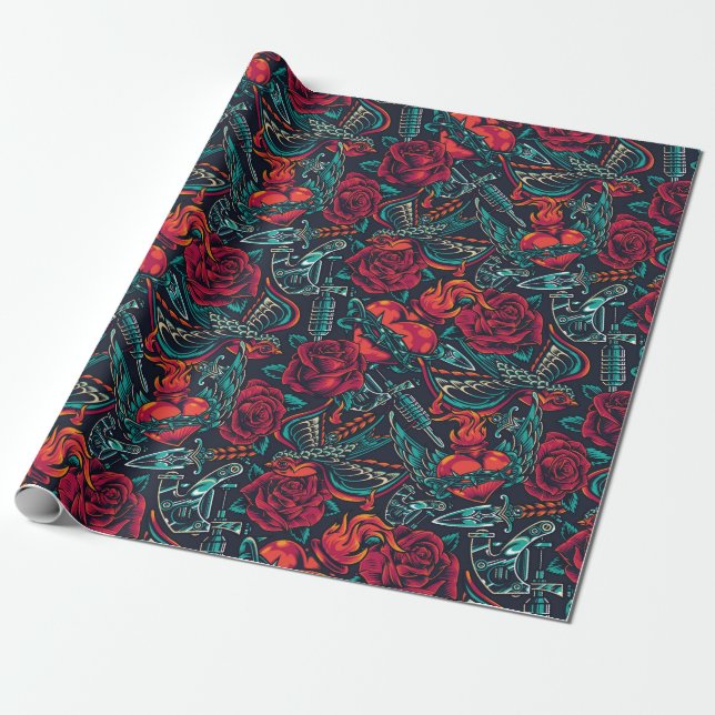 Presente Papel de enrolamento de Design de tatuagem retrora (Desenrolado)