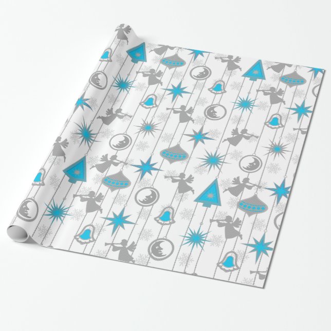 Presente Papel de enrolamento de Enfeites de natal azuis e  (Desenrolado)