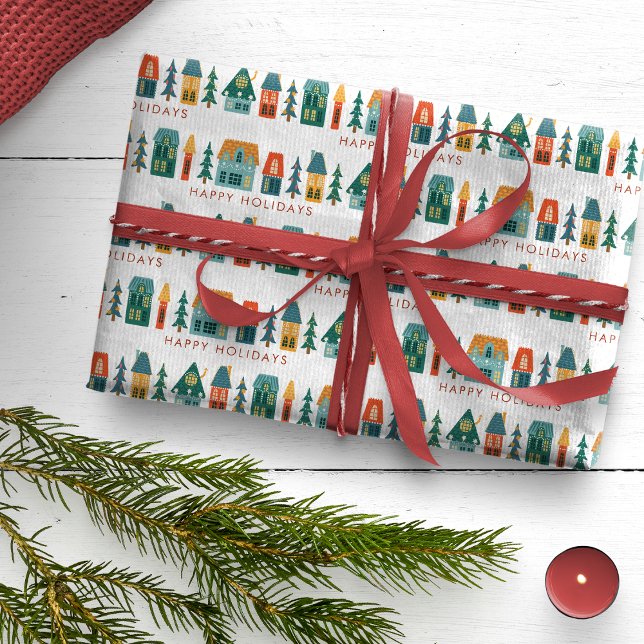 Presente Papel de enrolamento de feriados retrorreflectores (Happy Holidays Retro Houses Wrapping Paper)