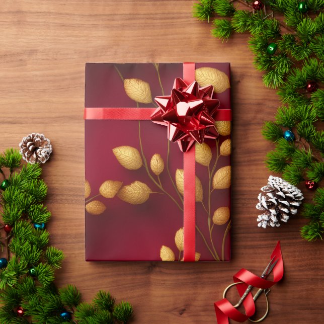 Presente Papel de enrolamento de folhas vermelho e Dourado  (Presente de Natal)