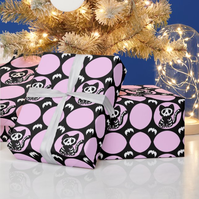 Presente Papel de enrolamento de gatos, de esqueleto rosa e (Feriados)
