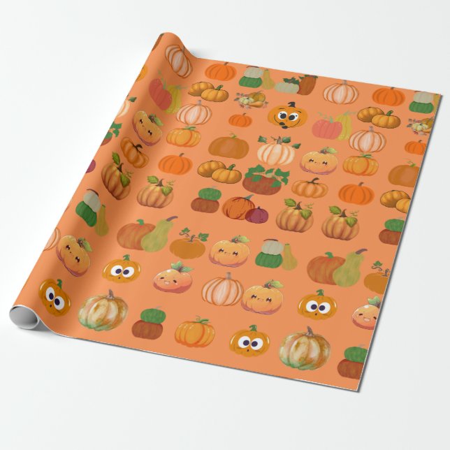 Presente Papel de enrolamento de padrão de abóbora laranja- (Desenrolado)