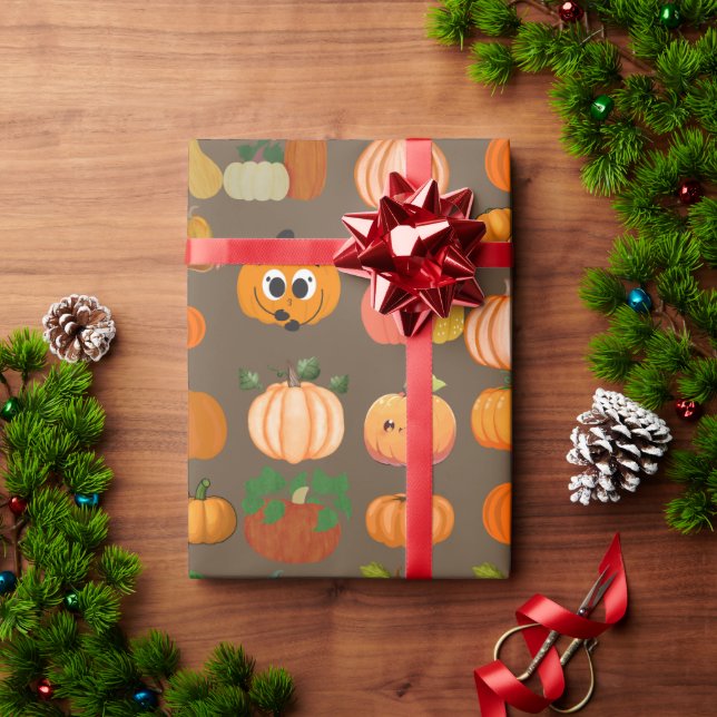 Presente Papel de enrolamento de padrão de abóbora laranja- (Presente de Natal)