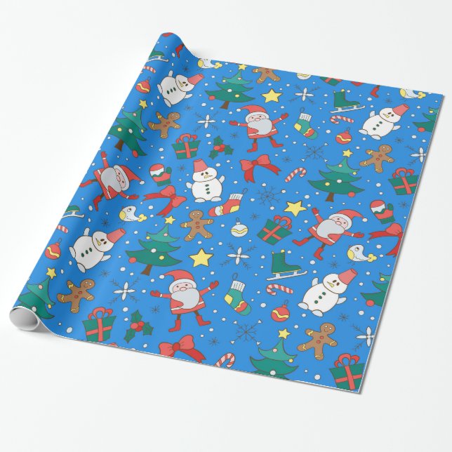 Presente Papel de enrolamento de Papais noeis azuis e amigo (Desenrolado)