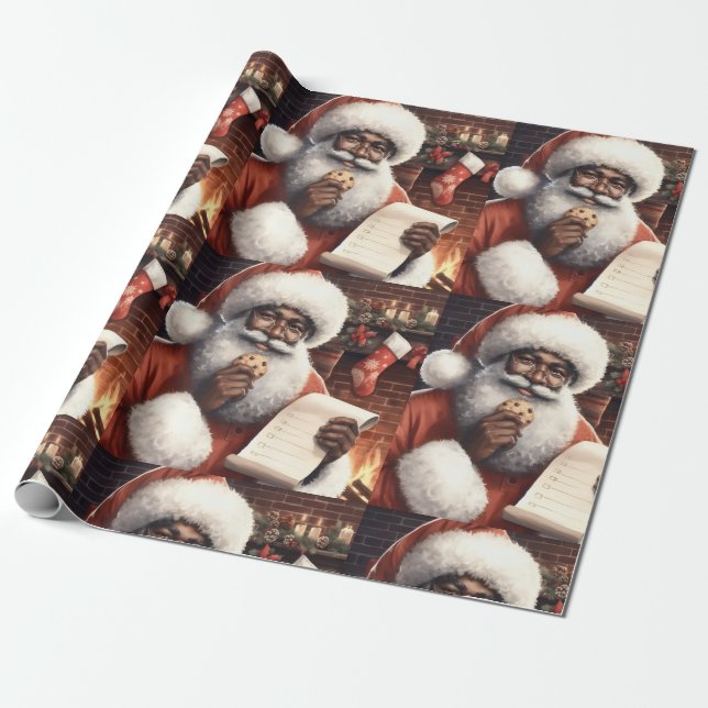 Presente Papel de enrolamento de Papais noeis pretos (Desenrolado)