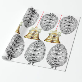 Presente Papel de enrolamento de prata Pinecones e sinos