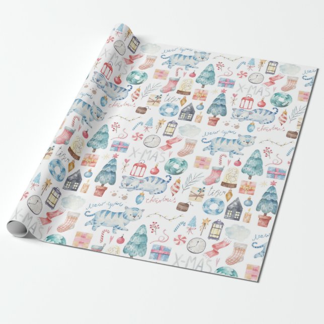 Presente Papel de enrolamento de tigres de Natal/Ano Novo (Desenrolado)