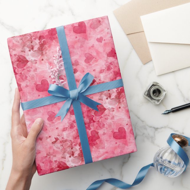 Presente Papel De Enrolamento Elegante, Rosa E Corações Ver (Presentear)