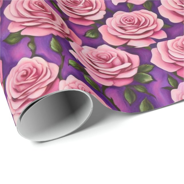 Presente Papel de enrolamento em fundo roxo, rosa-rosa, ele (Ponta do rolo)