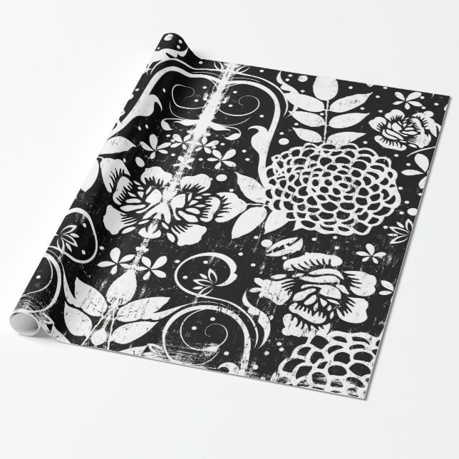 Presente Papel de enrolamento floral a preto e branco (Desenrolado)