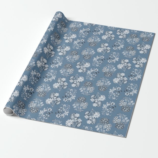 Presente Papel de enrolamento Floral Monocromático Azul Pál (Desenrolado)