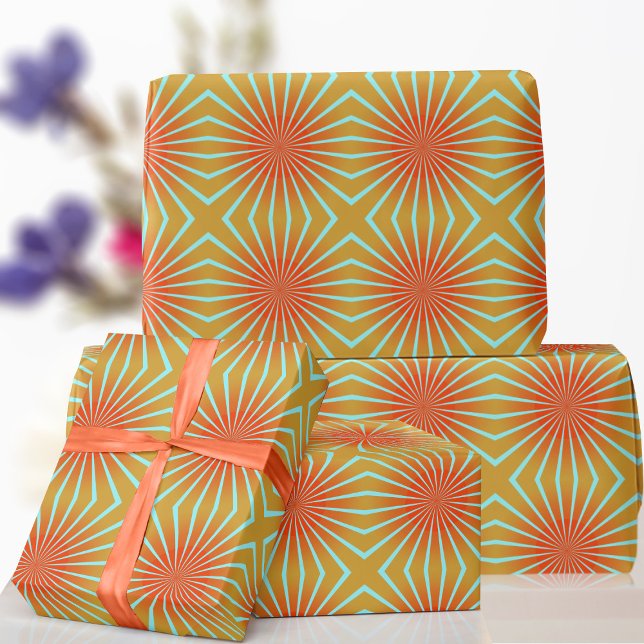 Presente Papel de enrolamento laranja do sunburst na parte  (Bright abstract orange and blue wrapping paper just for you)