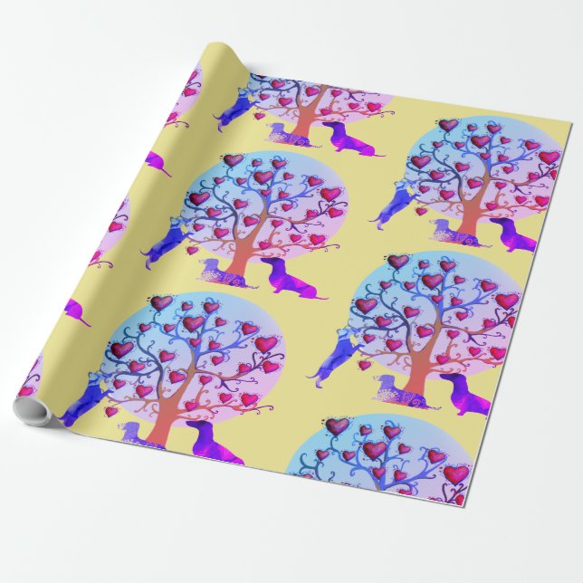 Presente Papel De Enrolamento Matte, Corações De Dachshund  (Desenrolado)