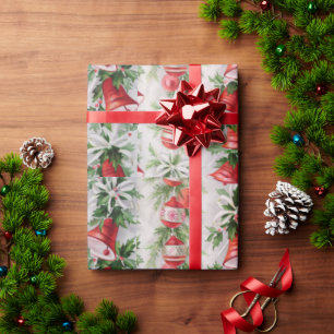 Presente Papel de enrolamento, ornamentos vermelhos e Holly