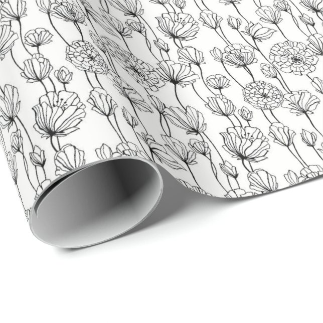 Presente Papel de enrolamento - Padrão Floral Branco e Pret (Ponta do rolo)