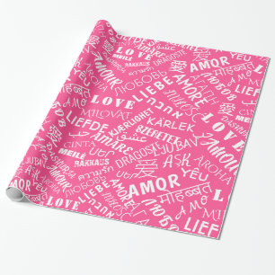 Presente Papel de enrolamento rosa com texto de amor multil