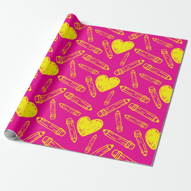 Presente Papel De Enrolamento Rosa Sem Costura Com Lápis De (Desenrolado)