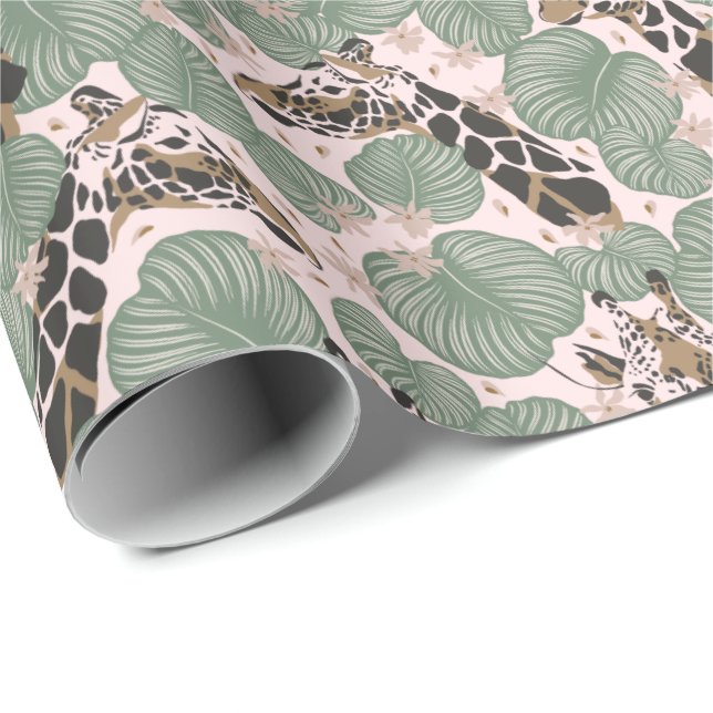 Presente Papel de enrolamento Safari - Girafa Verde e Rosa (Ponta do rolo)