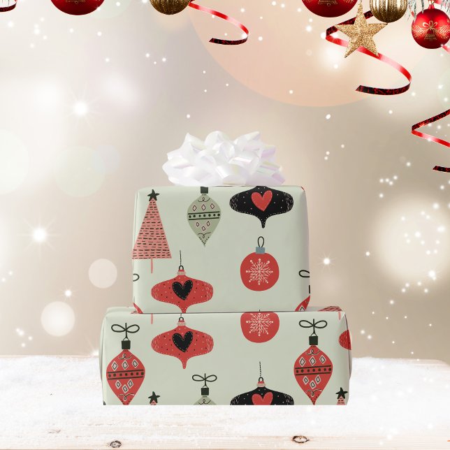 Presente Papel de enrolamento verde de férias dos retratos (Retro Ornaments Holiday Green Wrapping Paper)