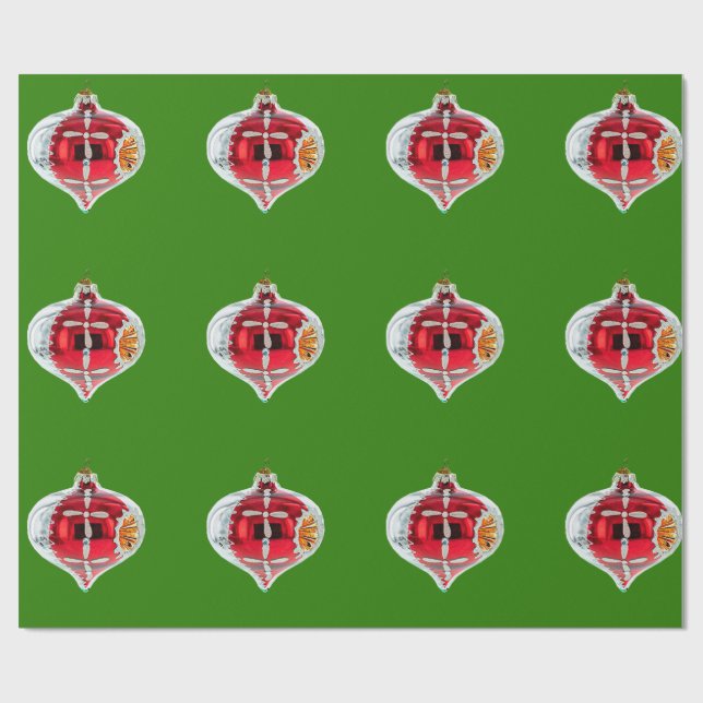 Presente Papel de enrolamento verde do ornamento vermelho e (Aberto)