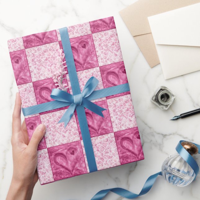 Presente Papel de enrolamento verificado em Corações Cor-de (Presentear)