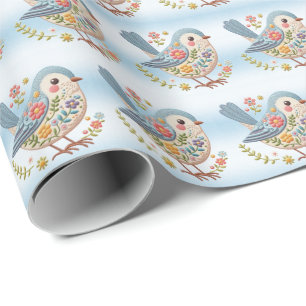 Presente Papel de enrolar azul-floral pequeno