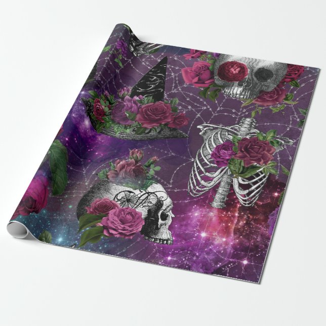Presente Papel de enrolar Rosa e Caveira de Bruxa Gótica Ro (Desenrolado)