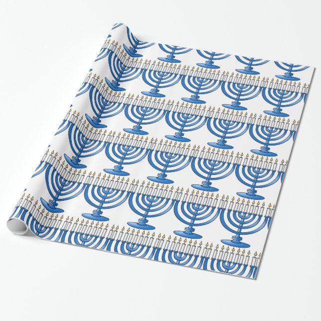 Presente Papel de envolvimento azul de Menorah Hanukkah (Desenrolado)